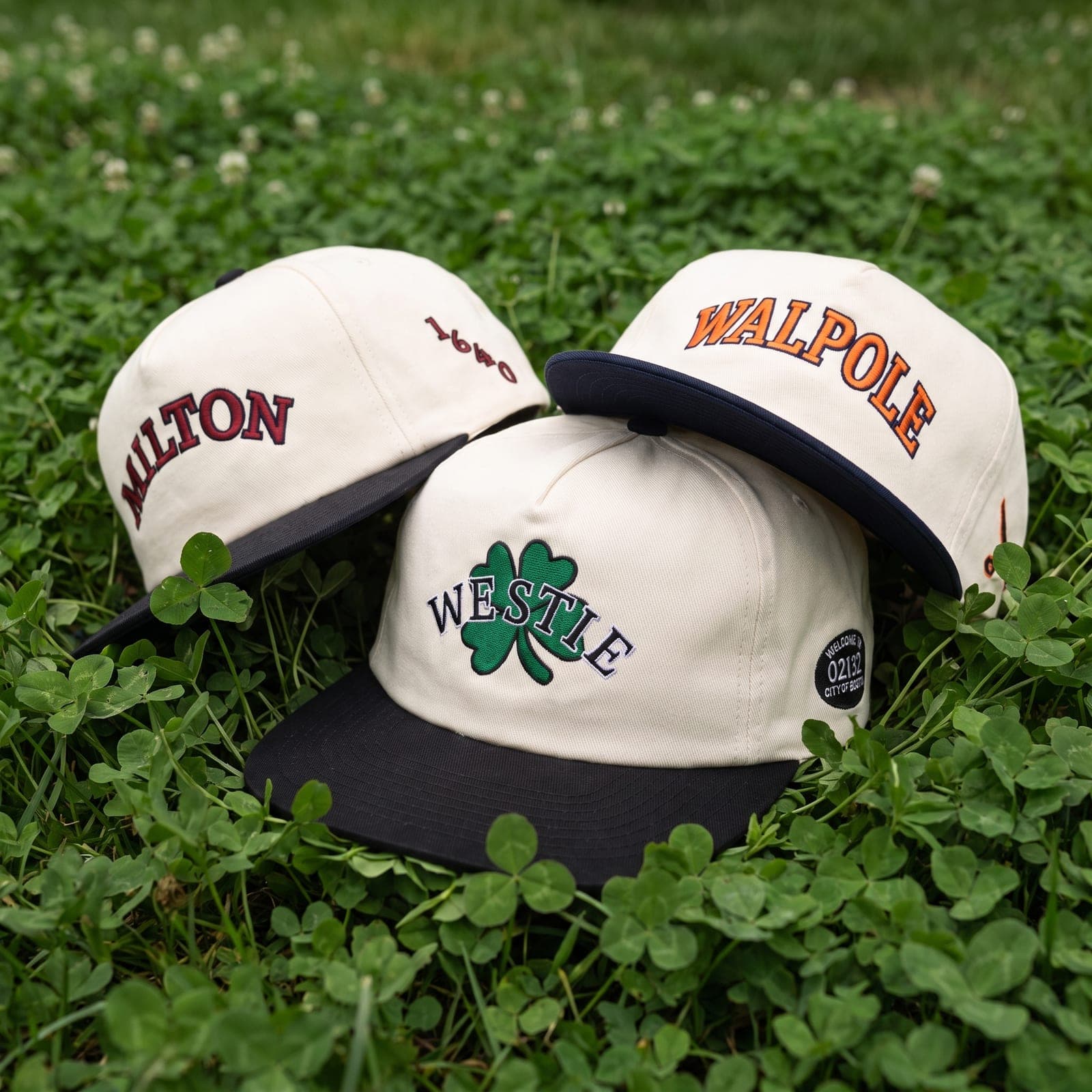 Milton, Walpole and West Roxbury Townies snapbacks in a bed of clover